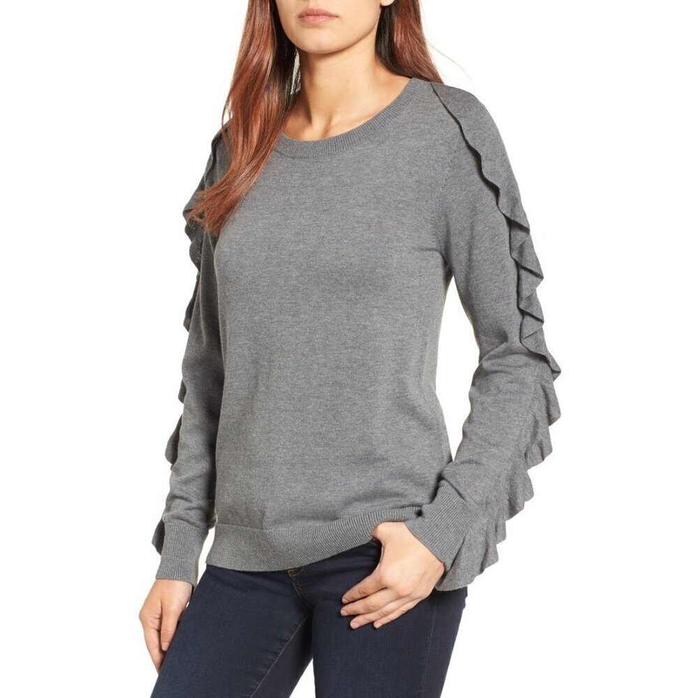 Catherine Malandrino Gray Wool Knit Ruffle Long Sleeve Pullover Sweater